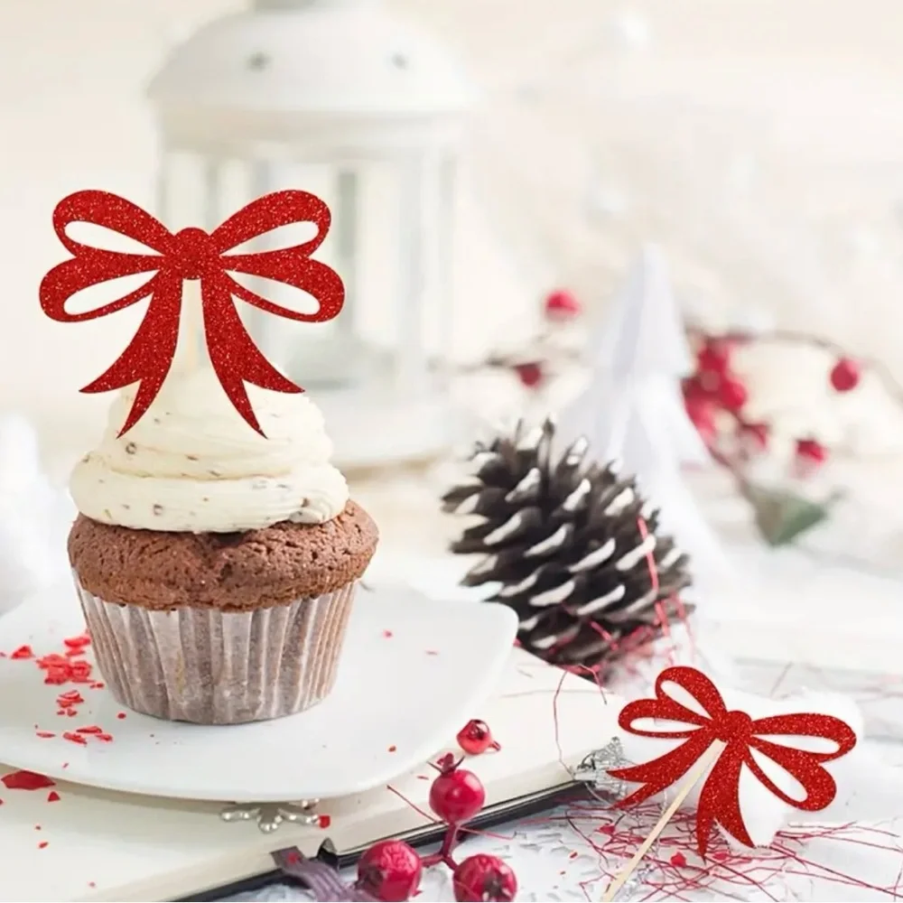 Set of 12 cupcake christmas red bow toppers